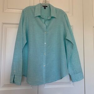 Ralph Lauren CHAPS Aqua Long Sleeve Linen-Blend Blouse Shirt